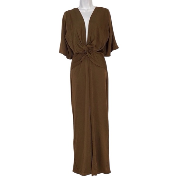 Zara Brown Satin Effect Twisted Effect Plunging Neckline Jumpsuit Size X… - Picture 7 of 16